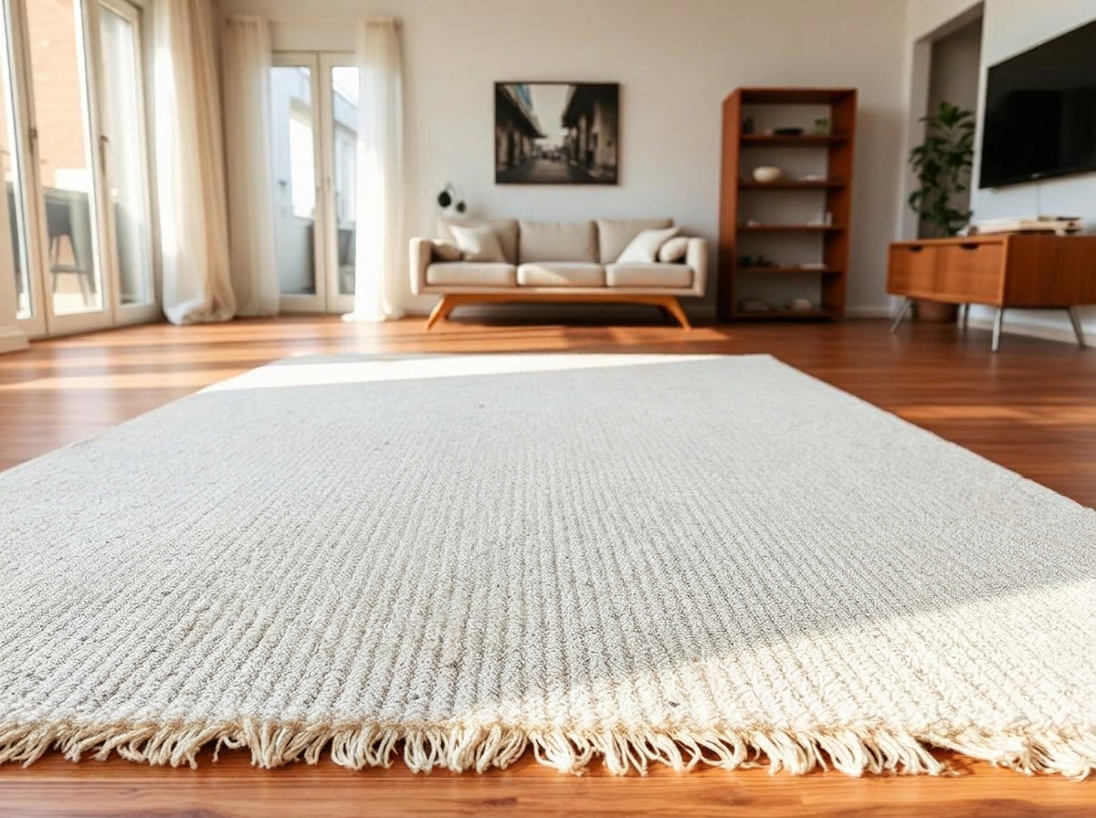 Misma alfombra de lana limpia, sin manchas y con la misma luz de la sala