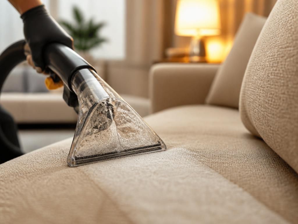 Sofá y poltrona tapizados en beige impecablemente limpios en una sala luminosa en Cartagena